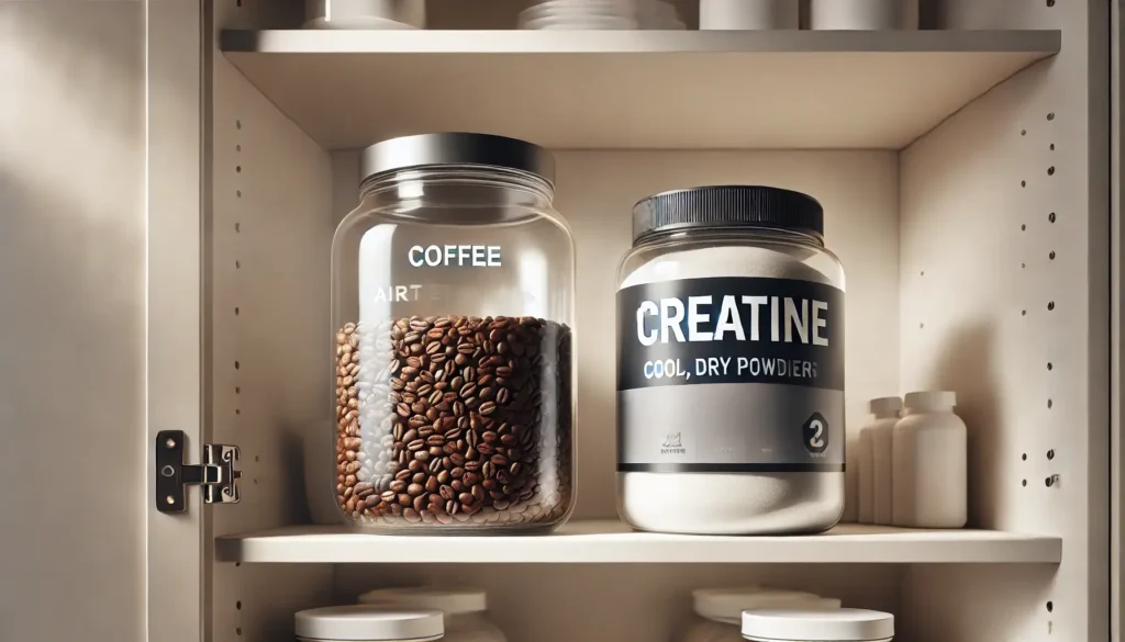 An image showing proper storage of both coffee and creatine